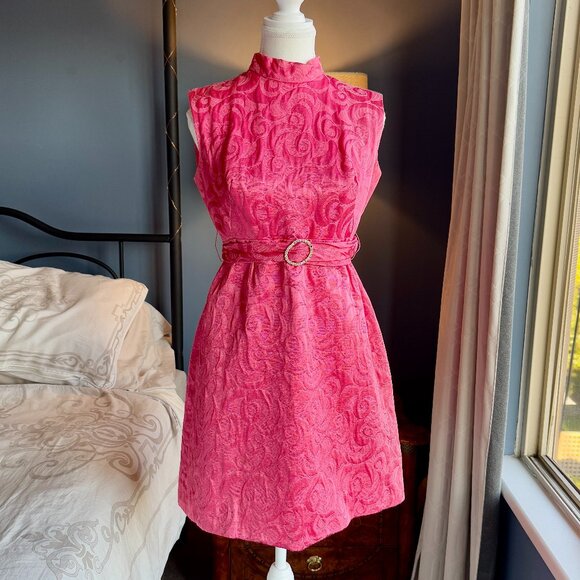 Vintage 1950s-1960s Pink Swirl Jacquard High Neck Sleeveless Dress - Picture 1 of 12